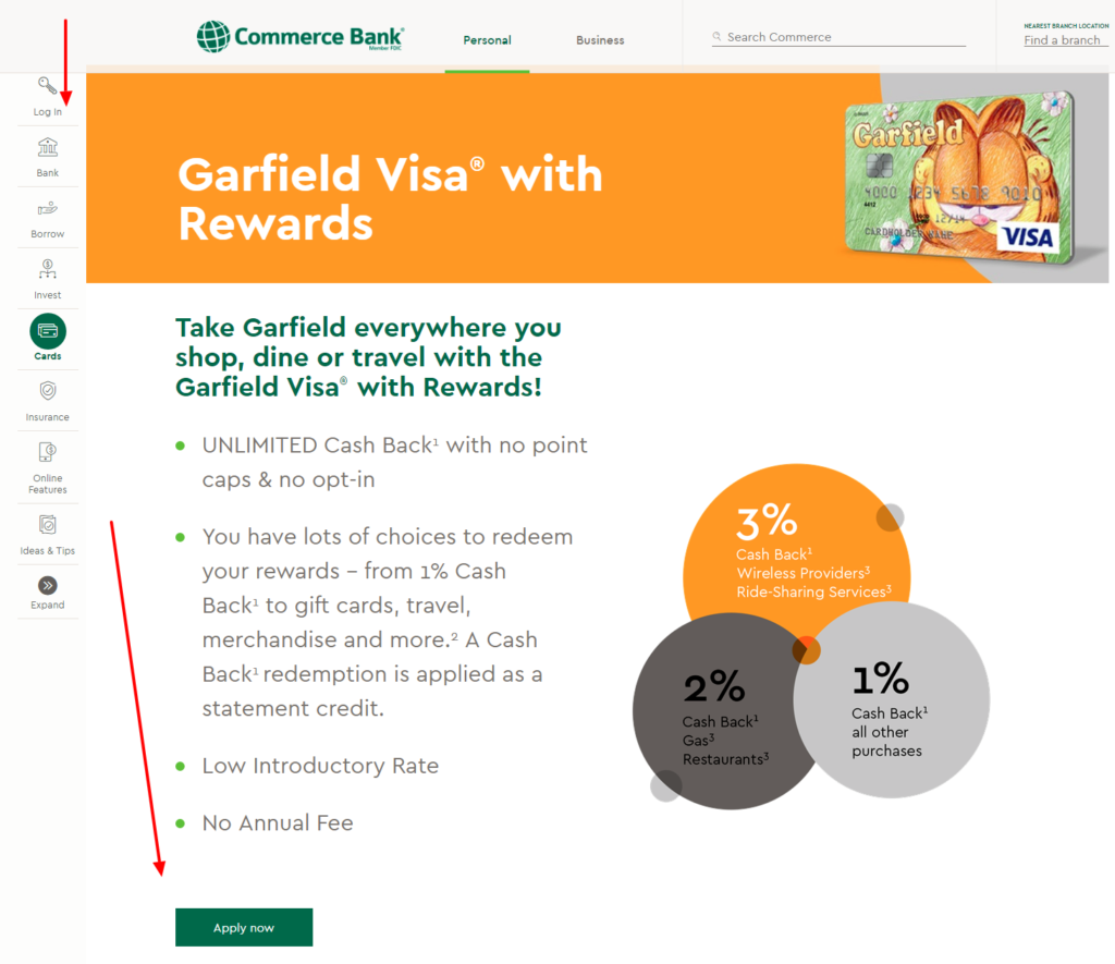login to garfield visa with rewards commerce bank