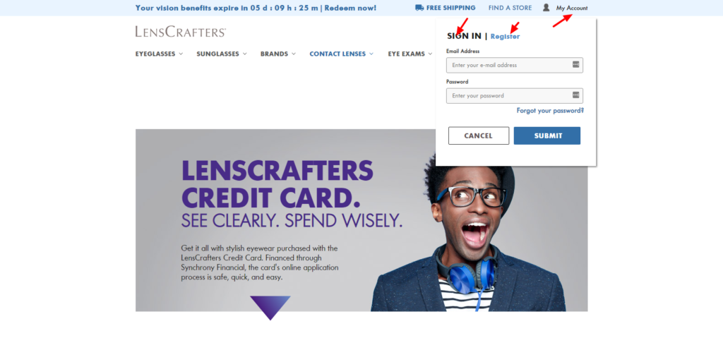 login to lenscrafters credit card apply or log in