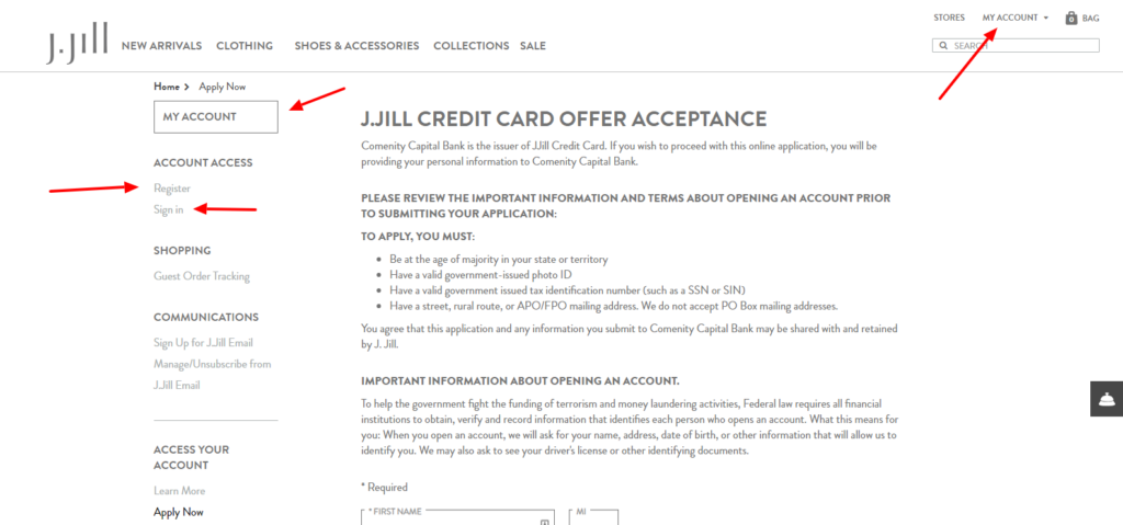 login to your account with j jill or apply now