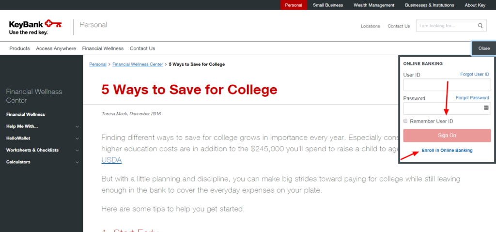 register and login to your account with college keybank