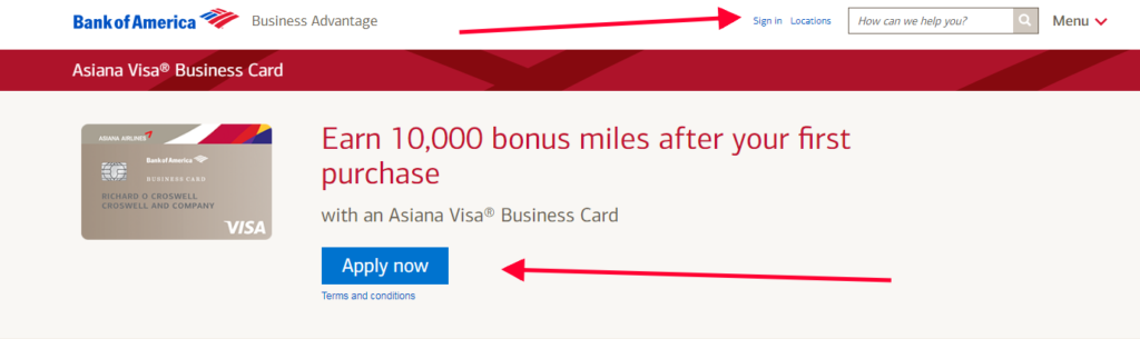 asiana visa business credit card from bank of america