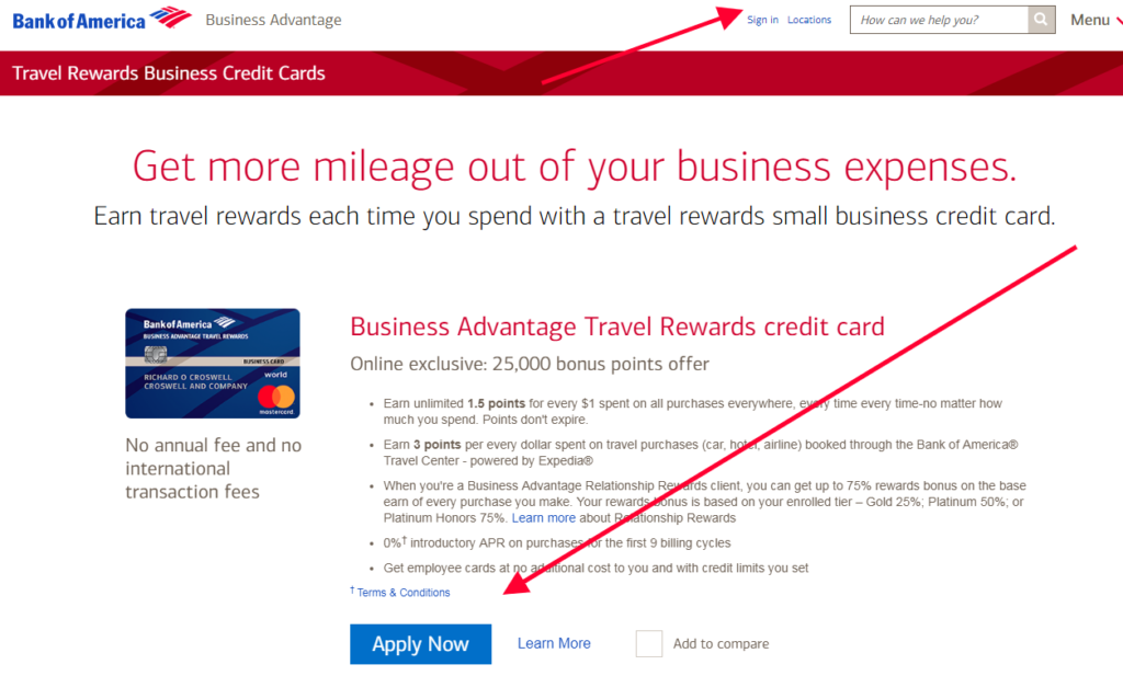 travel rewards small business credit cards from bank of america