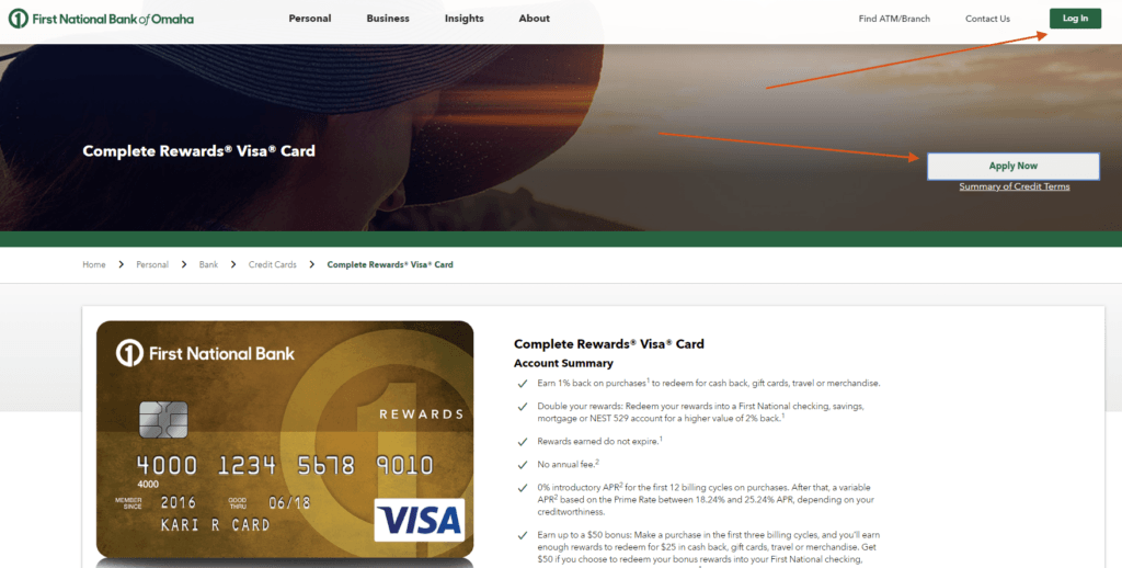 complete rewardsxx visaxx credit card first national bank of omaha login and apply for a card account