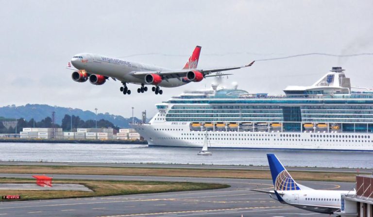 Airbus landing, cruise ship background